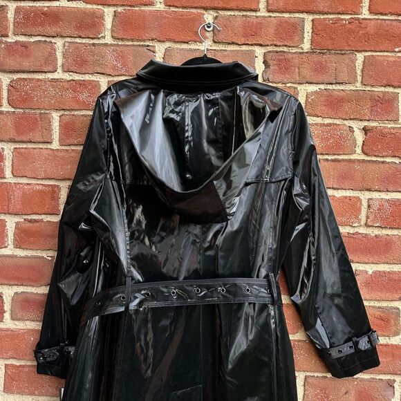 JANE POST $595 High Gloss Trench Coat Black Women’s Large New - Picture 11 of 16